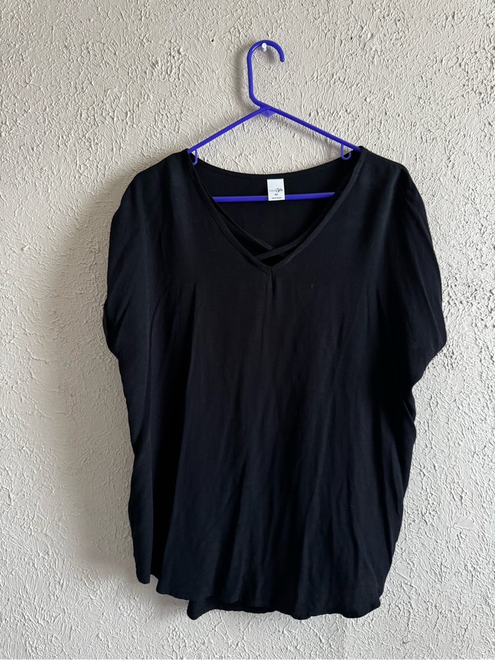 East 5th Black V-Neck Short Sleeve Tee with Crossover Detail